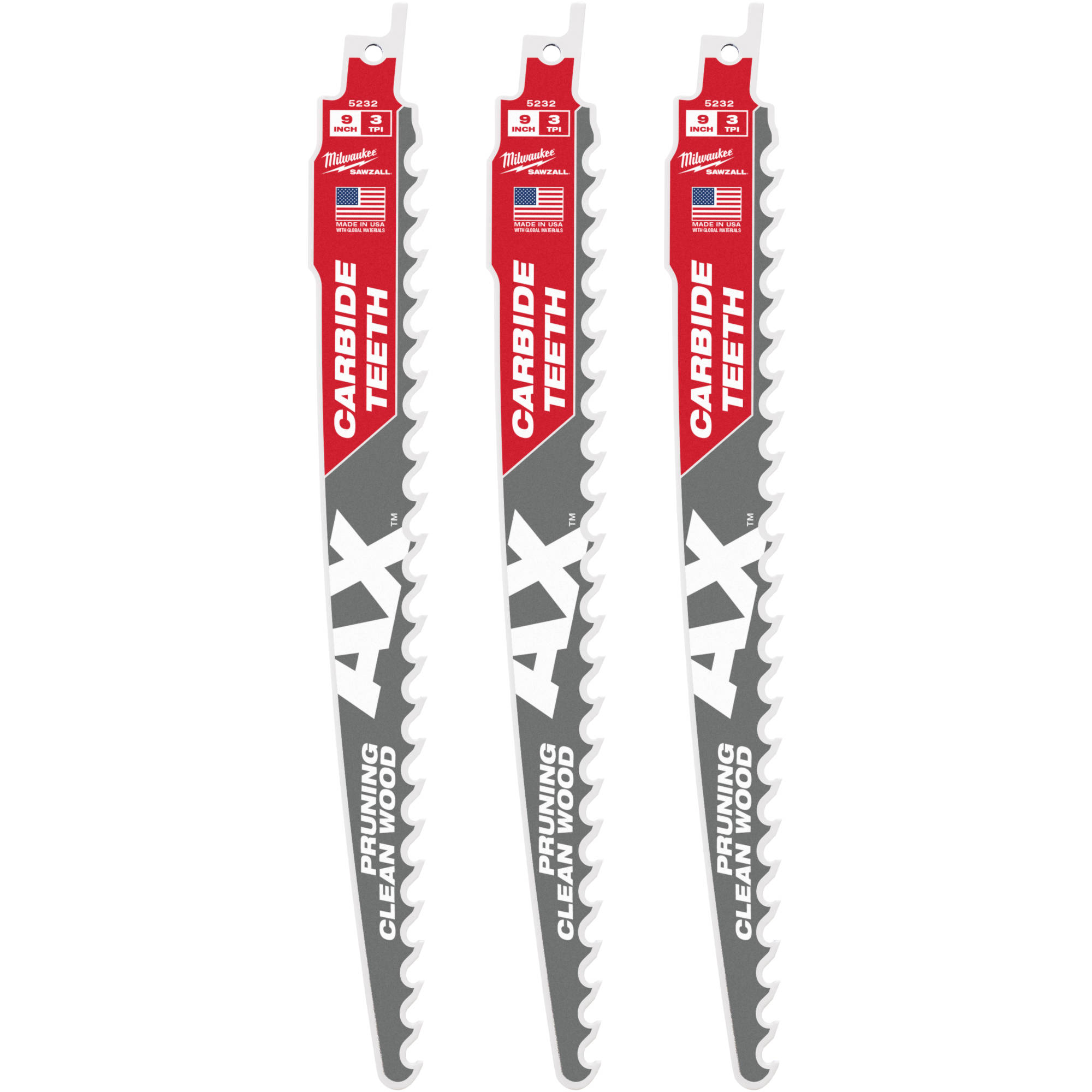 48005332 Milwaukee 9" Clean Wood Pruning SAWZALL Blades, 3 Pack